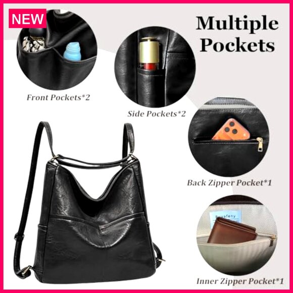 Large Vegan Leather Convertible Backpack Tote Bag with Multiple Pockets - Picture 4 of 8